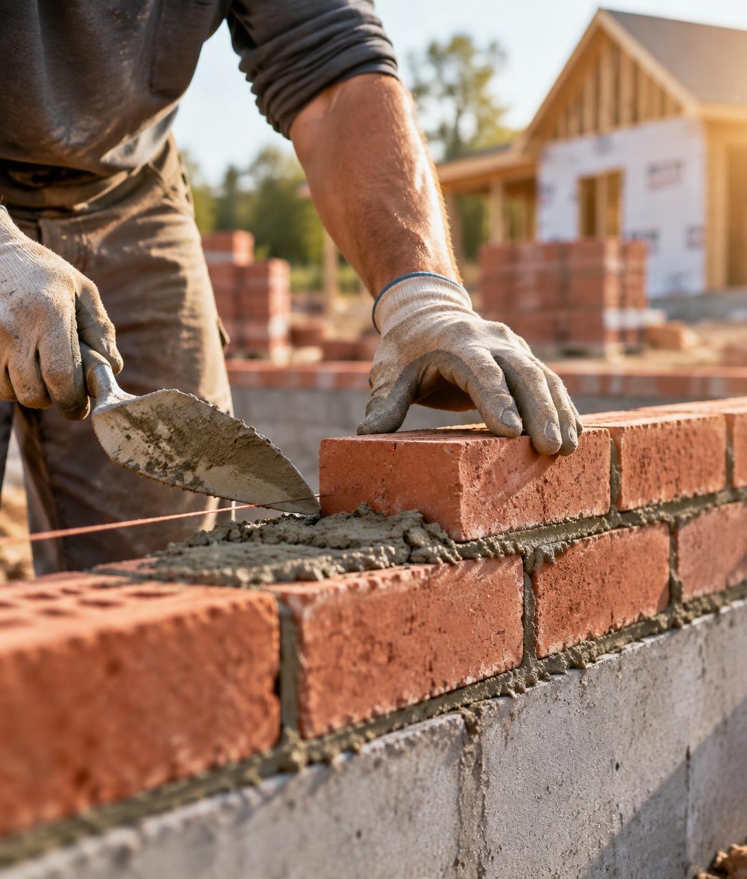 A mason laying a red brick course on a fresh foundation wall